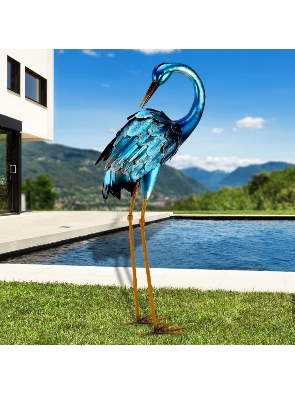 Large Metal Crane Garden Statue - Blue Heron Outdoor Decor for Yard & Patio